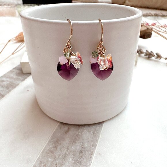 New Cute Amethyst Heart Crystal Cluster Earrings | Handmade in BC - Picture 2 of 4
